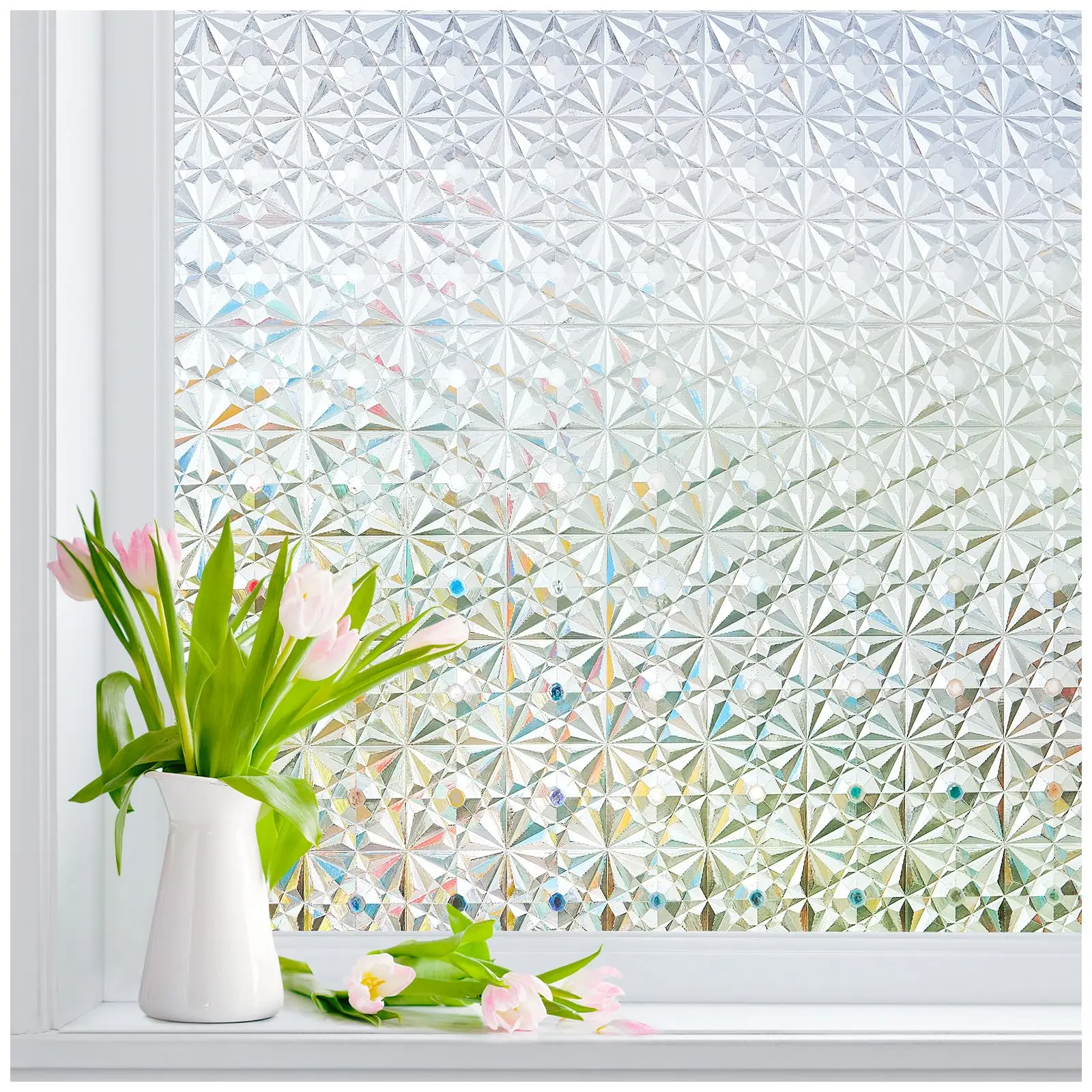 3D Diamond Windimiley Frosted Glass Window Privacy Film, Renter Friendly Static Cling No Glue Removable, UV Heat Blocking