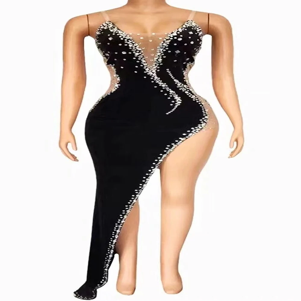 

Black Velvet Evening Dress Luxury Dubai Rhinestone Singer Birthday Celebrate Show Club Dress