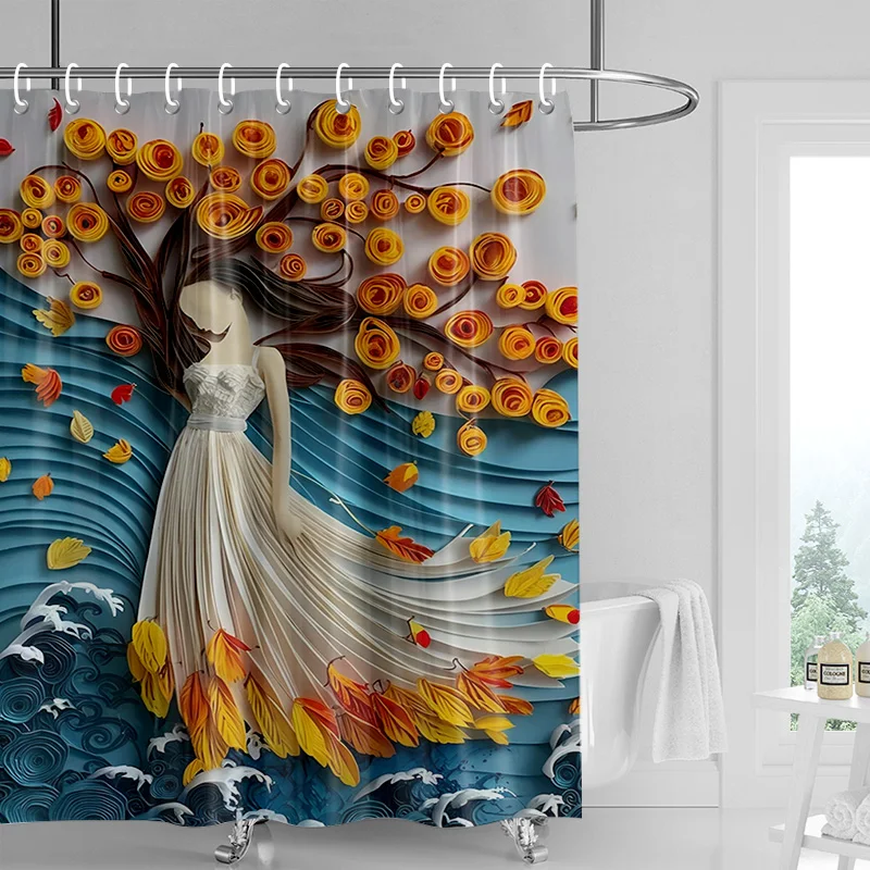 Cortina de ducha de diosa del árbol encantado: ramas de pelo fluidas con flores de naranja, fondo de hojas que caen y ondas azules,