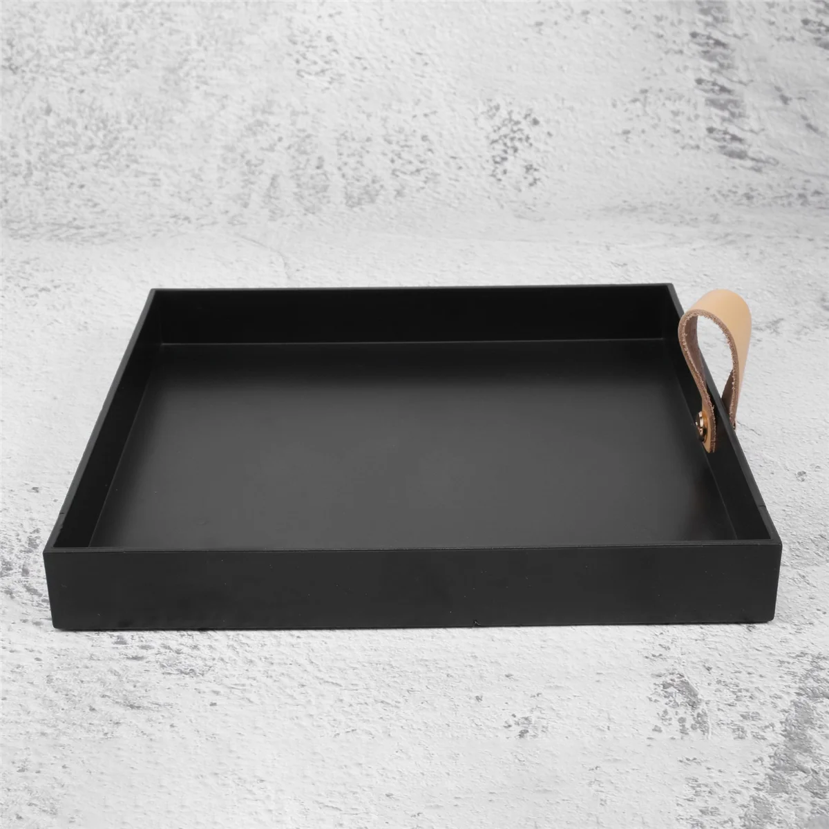 A62X Creative Square PU Leather Serving Tray Decorative Dish Cosmetics Sundries Desktop Storage Plate with Handle(Black)