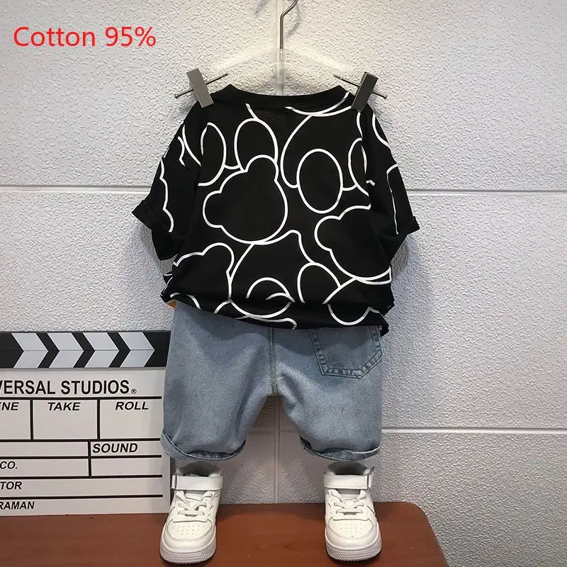 Summer Children Clothes Baby Boys Cotton Cartoon Bear Top T-Shirt+Denim Shorts 2PCS Set Kids Tracksuit Baby Outfit Set 1-12Y