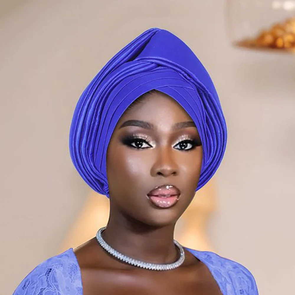 

African Aso Oke Auto Gele Headtie Knotted Turban Cap for Women Muslim Hijab Bonnet Hat Nigeria Wedding Party Headpiece Head Wrap