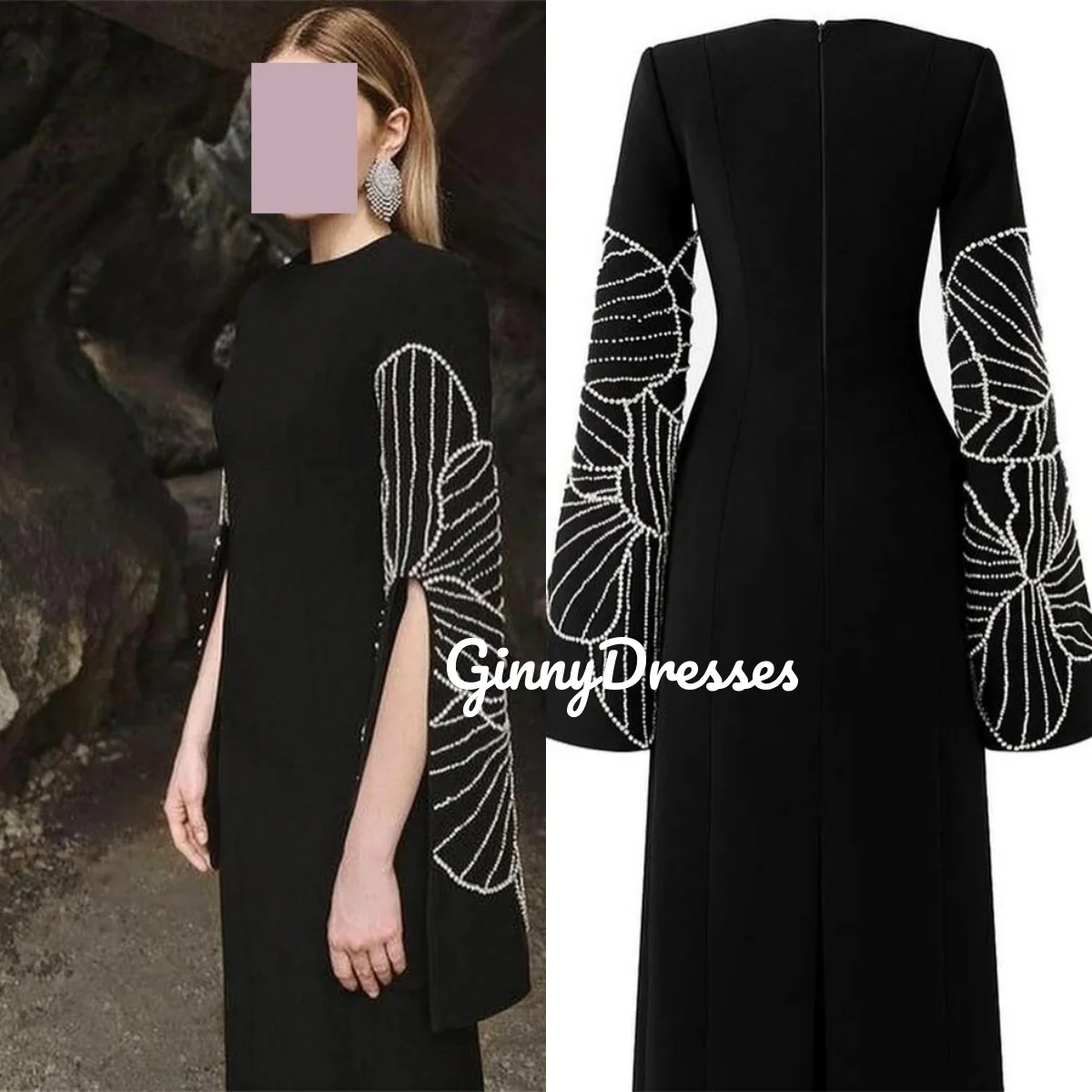 

Black Customize Dresses For Women Scoop Neckline Floor-Length Zipper Up Women'S Evening Dresses Long Sleeves Beadings Vestidos D
