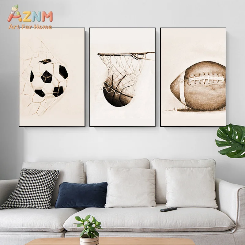 AZNM Unframed Canvas Print Vintage Sports Ball Sketch Wall Art Soccer Basketball Football Boys Room Home Decor Poster