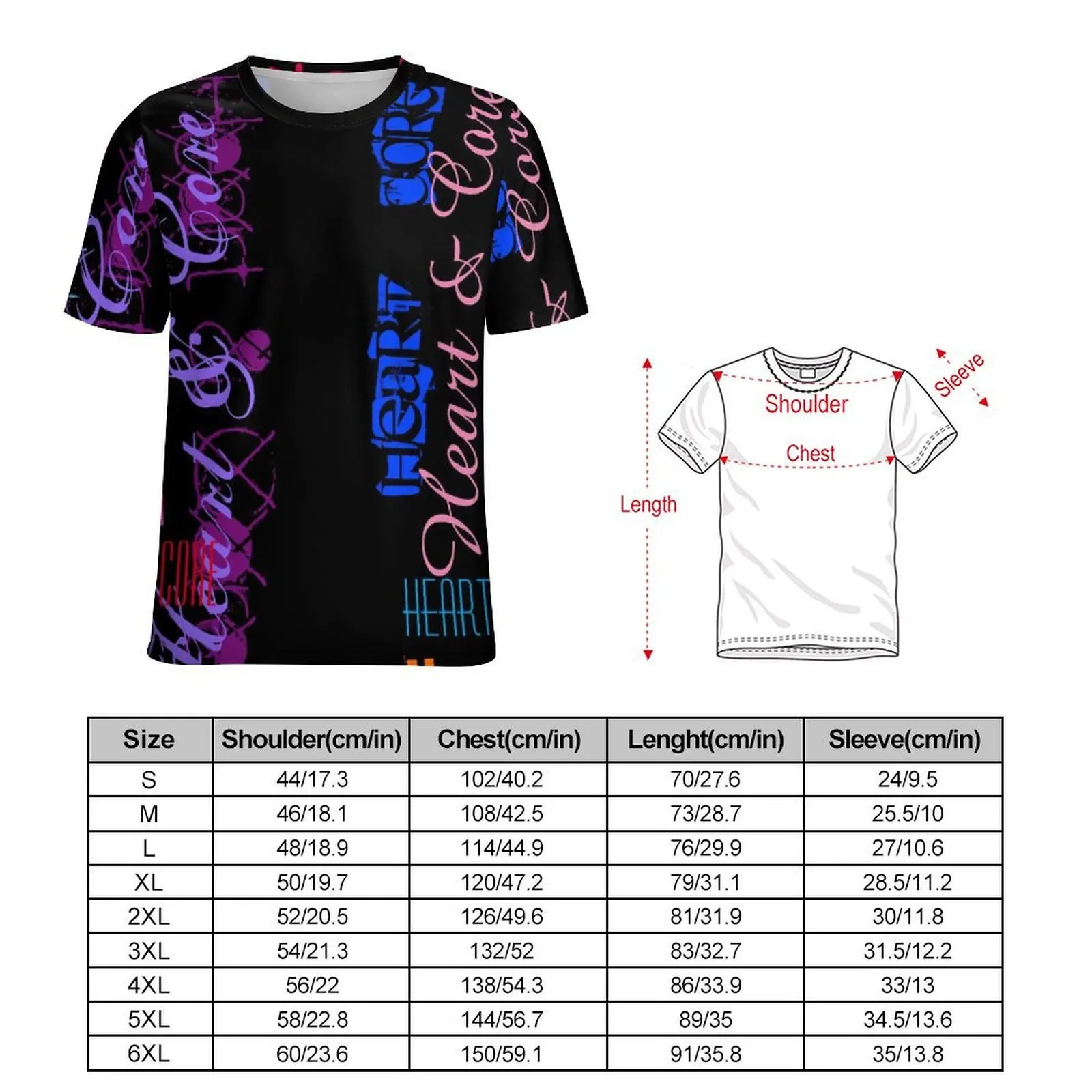 Word Graffiti T-Shirt For Male Heart and Core Print Design O Neck T-Shirts Vintage Tops Short Sleeve Streetwear Plus Size Tees