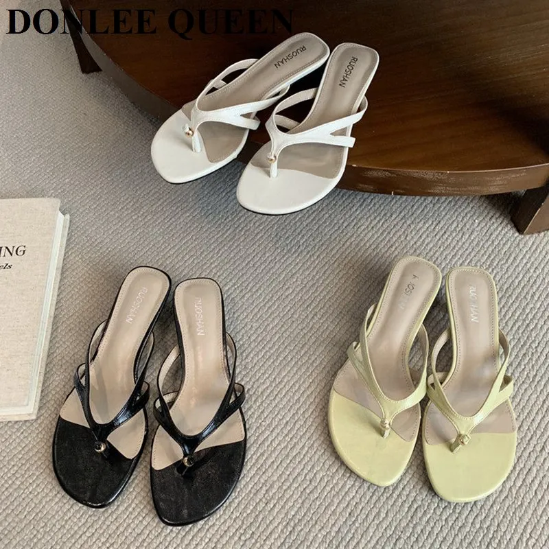 Elegant Kitten Low Heels Slides Sandals Slim Strap Flip Flops Slippers Chic Clip Toe Slip On Mule Summer Daily Wear Casual Shoes