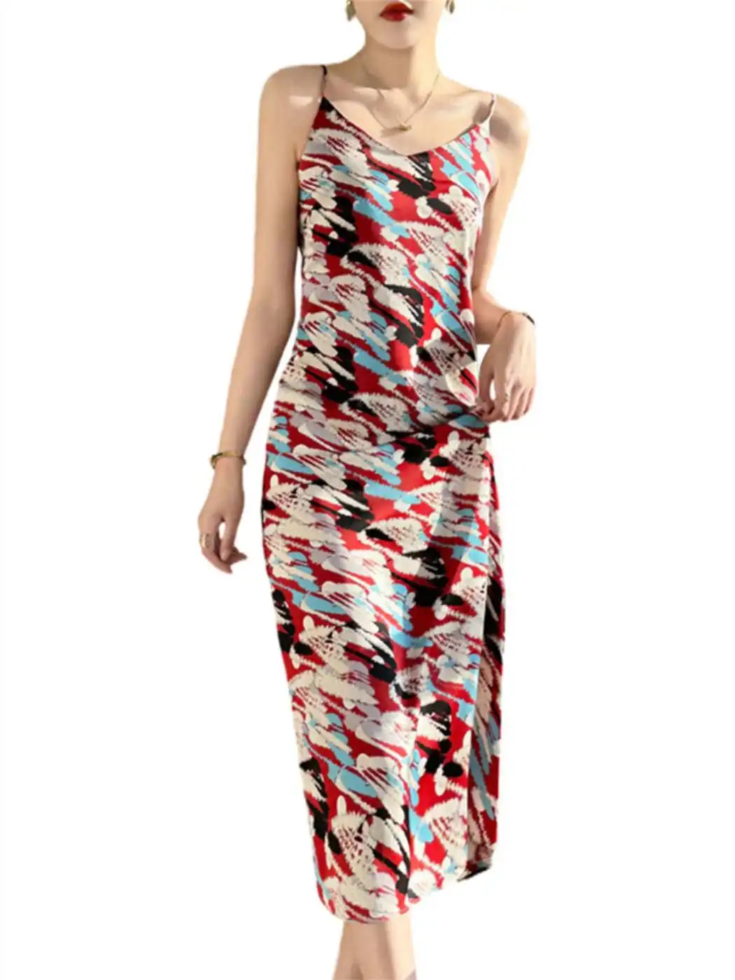 Acetato di seta Raso Stampa floreale V-Ne Dr Gonna versatile da donna Pendolarismo Vita alta A-Line Lungo Svel Estate Nuovo Arr...