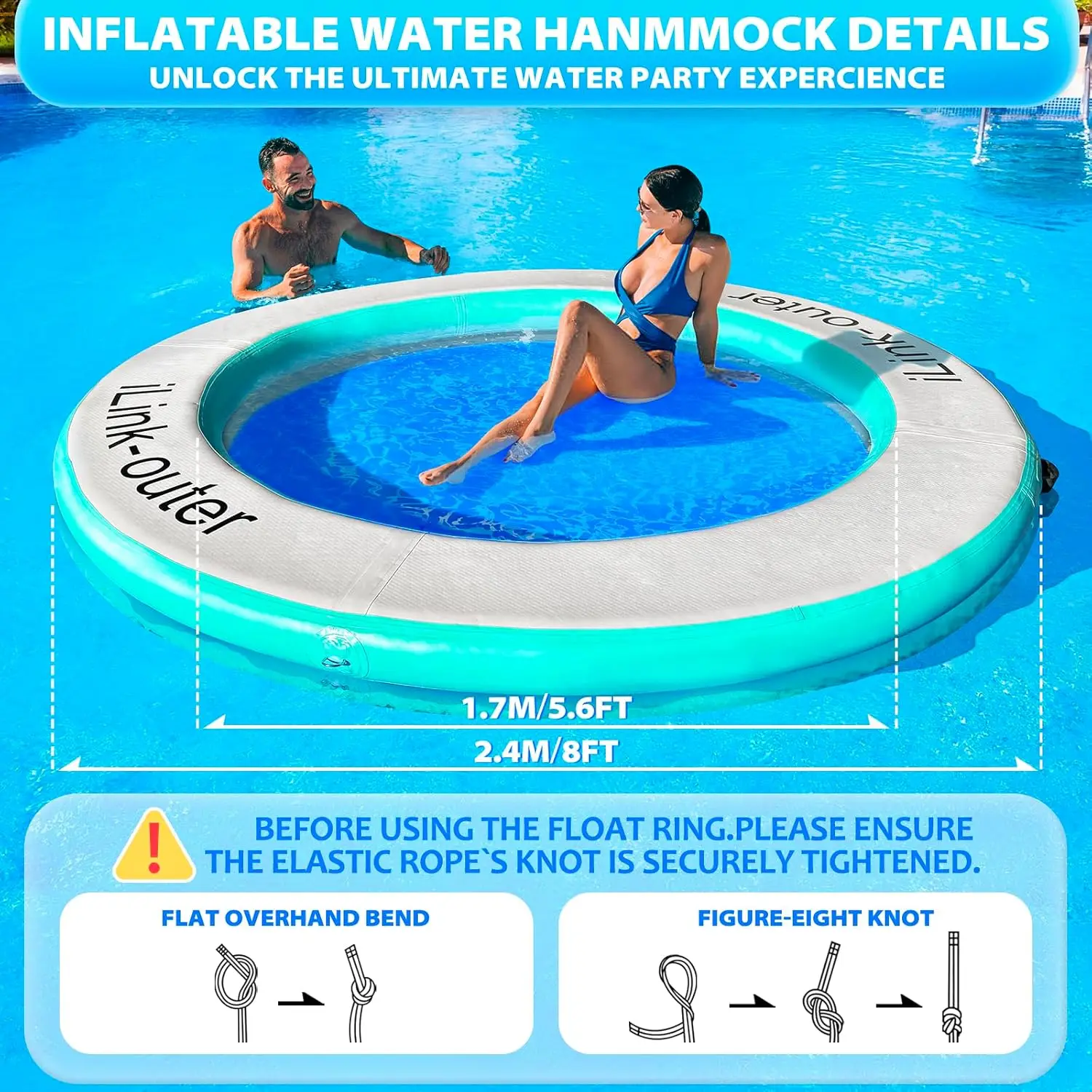 8FT Inflatable Floating Ring Hammock for Up to 6-10 Kids and Adults, Includes Air Pump, Easy to Inflate and Store, Non-Slip Fabric, Sturdy Construction, Simple to Clean