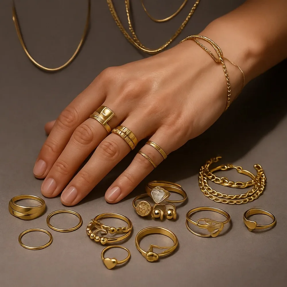 

68-предметный золотой ювелирный набор для женщин: колье, браслеты, серьги, кольца