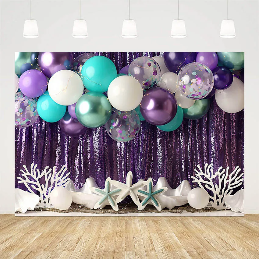 

Mehofond Under The Sea Shell Photograph Background Purple Mermaid Balloon Curtain Decor for Princess Birthday Party Photo Studio