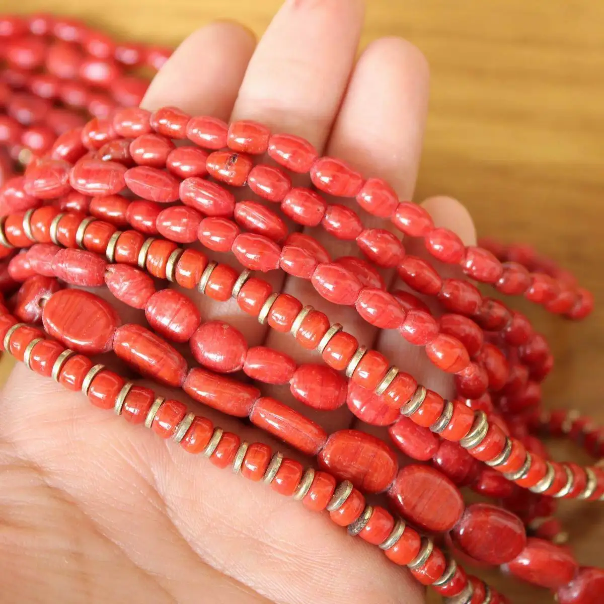 NK253 Ethnic Tibetan Jewelry Brass Red Glass Beads Multi Rows Women Beaded Necklace