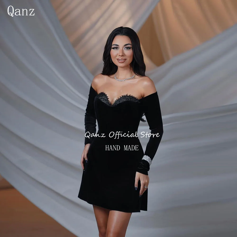 

Qanz Black Velvet Prom Dresses Sweetheart Off Shoulder Long Sleeves Party Dresses Lace Up Back Short Cocktail Gown Customized