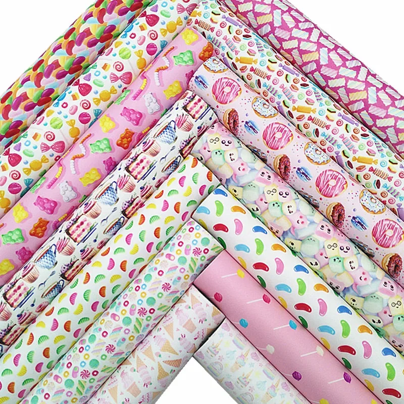 Donuts Beans Candies Custom Synthetic Leather Faux Fabric Sheets Felt Backing Vinyl For Earrings bag Bows DIY 21X29CM GM3297A