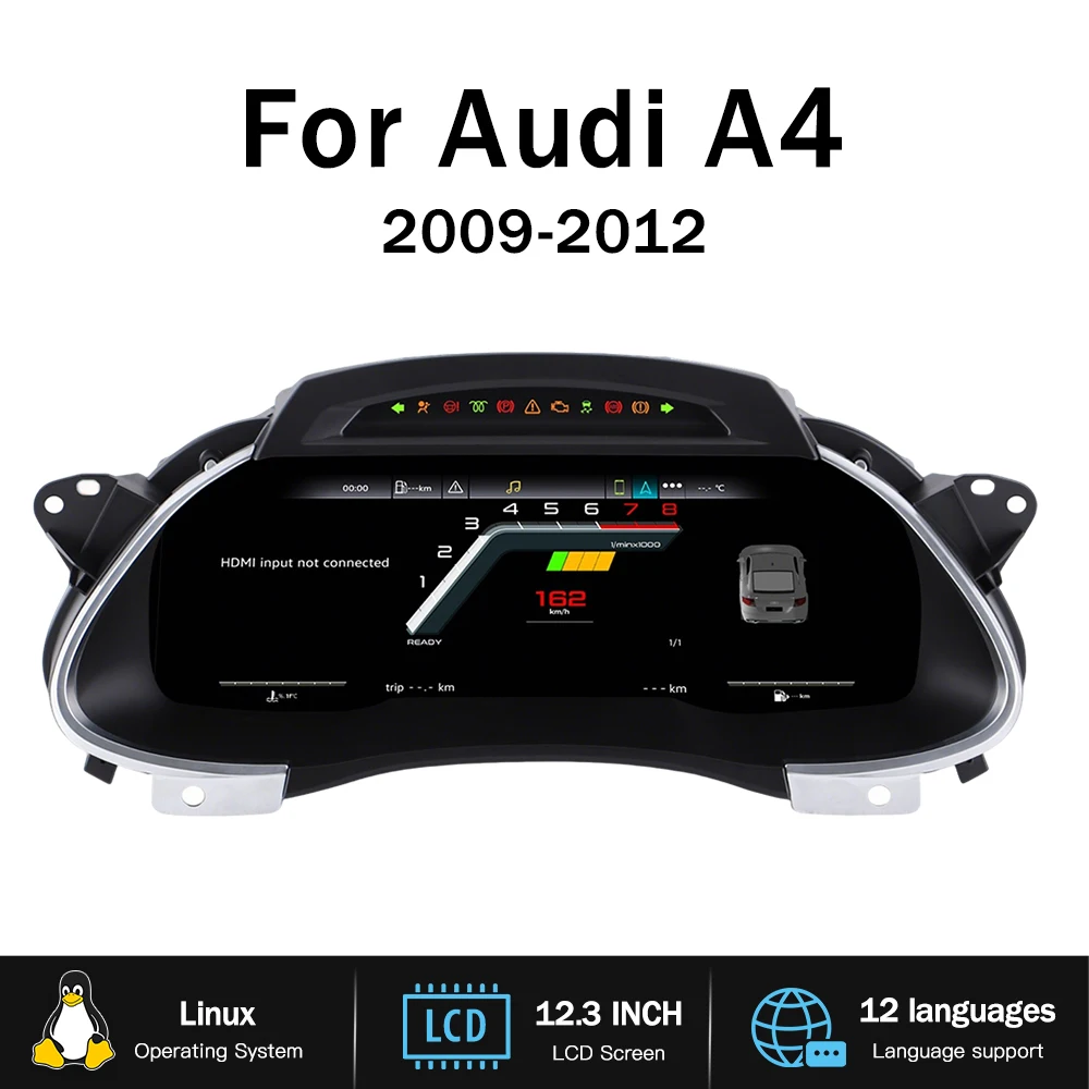 12.3 Inch Car Digital Dashboard for Audi A4 2009-2012 Support Carplay Android Auto Speedome Display Virtual Cockpit Gauge Panel