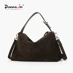 Donna-in Genuine Suede Handbag for Women Real Cowhide Tote Bag With Removable Shoulder Strap Brown Large Capacity