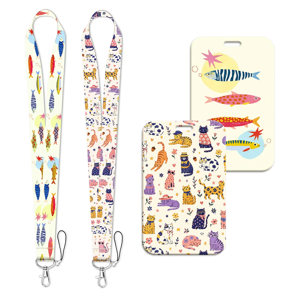 Cute Cartoon Cat Fish Print Lanyard Neck Strap Keychain Card Cover Badge Holder Mobile Phone Hang Rope Keyring Accessories Gift