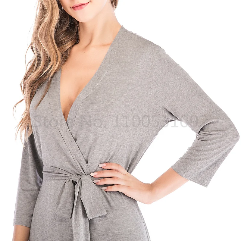 Grau Kimono Kleid Weibliche Kimono Robe Homewear Nachtwäsche Sexy Mini Nachtwäsche Nachthemd Komfortable Casual Weichen Hochzeit Robe