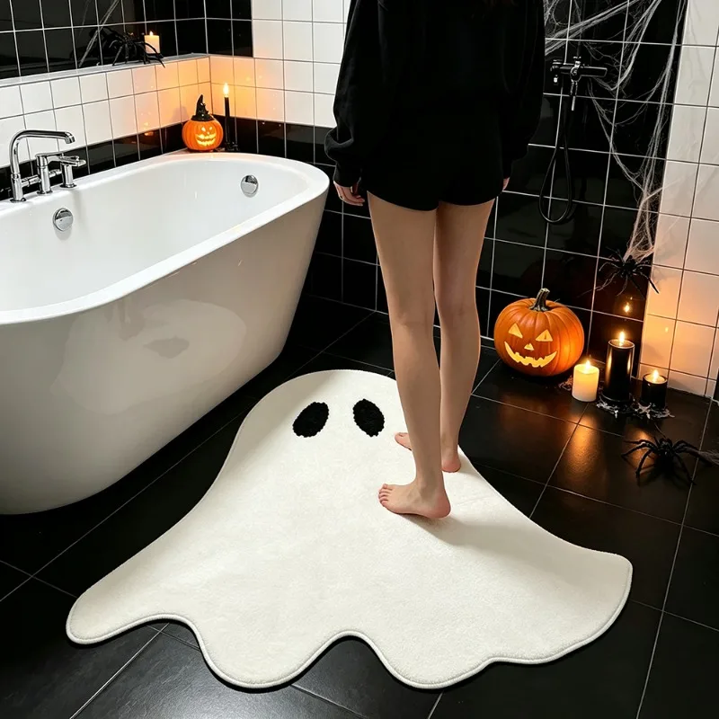 Halloween Ghost Irregular Rug Cute Cartoon Bathroom Decor Carpet Festive Vibe Plush Floor Mat for Bedroom Bedside Soft Fluffy