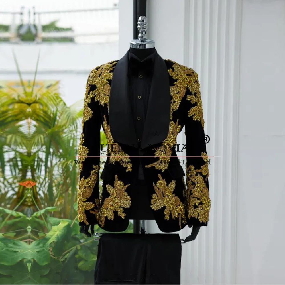 

Exquisite Gold Diamond Beaded Suits Men Formal Party Groom Wedding Tuxedos Tailor-made Male Fashion Clothing terno masculinos