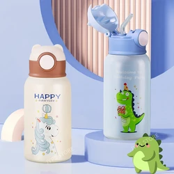 600ML Cute Stainless Steel Thermos Bottle with Straw Leak-Proof Vacuum Flask Cartoon Children's Water Bottle for School Children