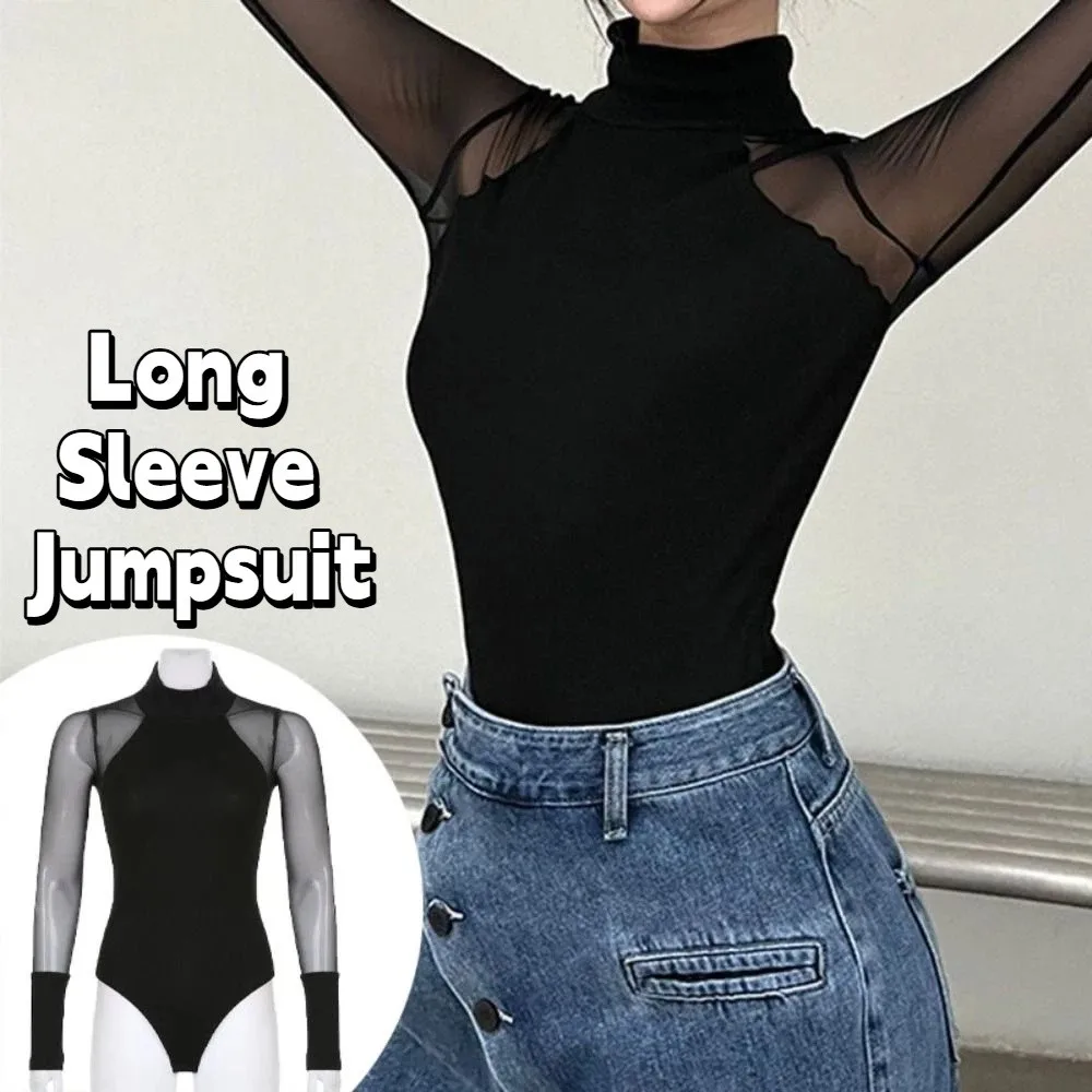 High Collar Long Sleeve Jumpsuit Translucent Simple Lace Bottoming Shirt Female Clothes All-match Romper Shorts Street Wear