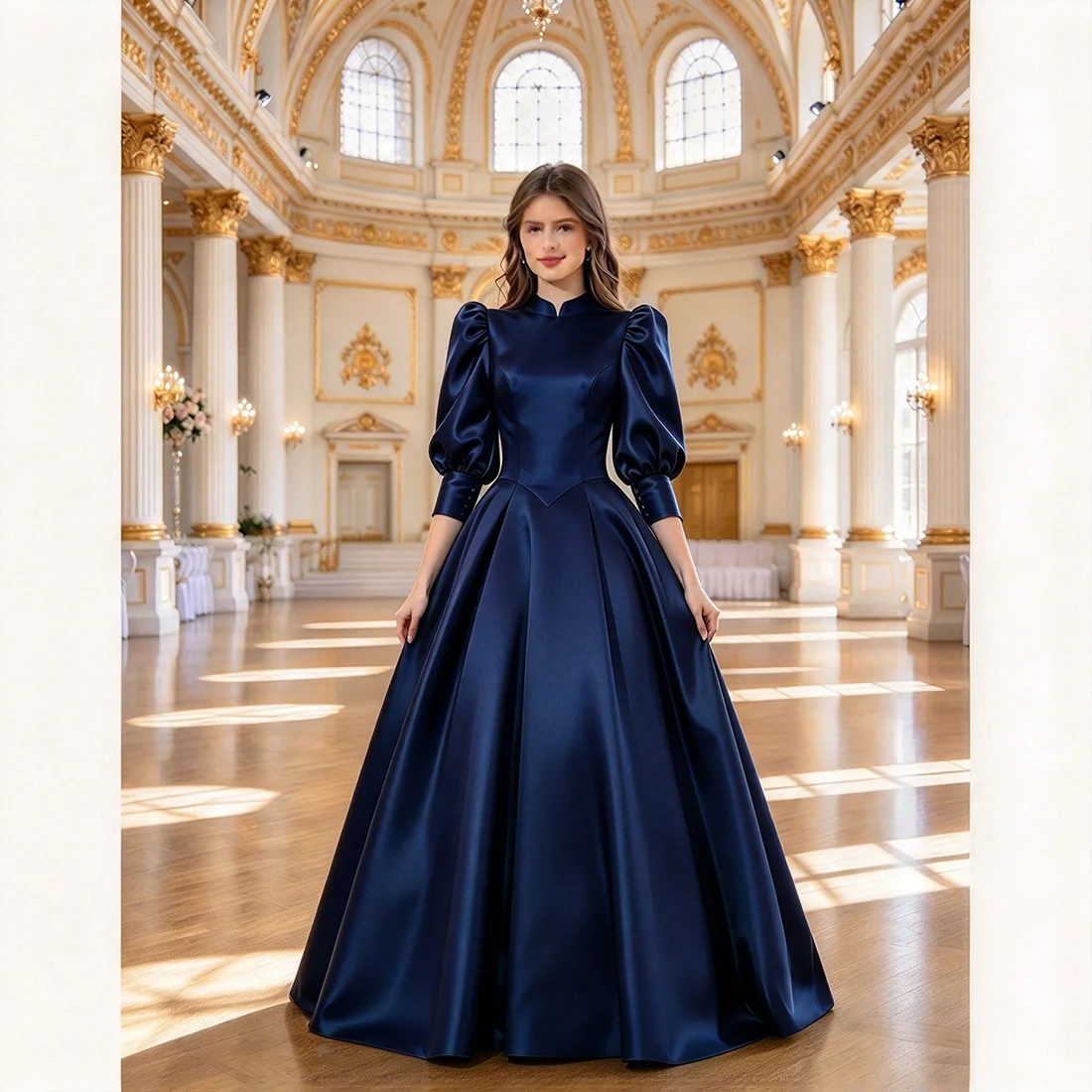 Customized Women's Satin Evening Dress Round Neck Puff 3/4 Sleeve A-Line Maxi Gown Formal Wedding Party Prom Pageant Long Dress