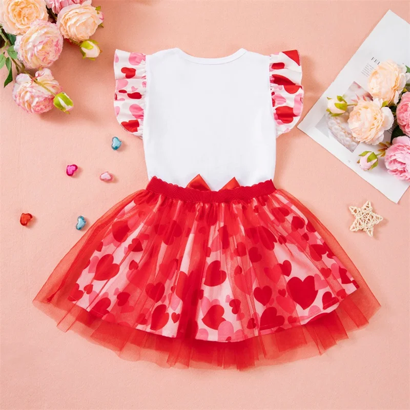 Blotona Toddler Girls Valentine’s Day Outfits Ruffled Fly Sleeve Letter Print Tops + Tulle Skirt Set Baby Clothes