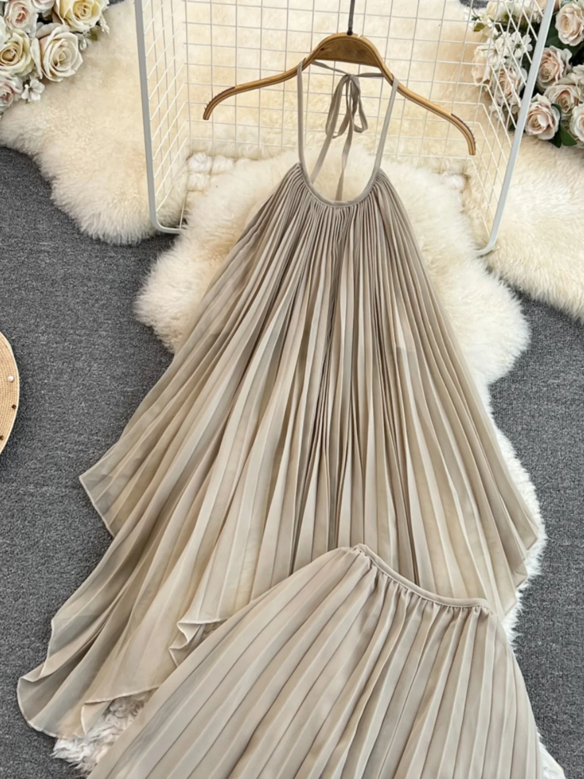 Faionable Bal A-Line مطوي Dr Set المرأة معلقة Ne فضفاضة تناسب عالية الخصر التخسيس f تنورة قطعتين البدلة