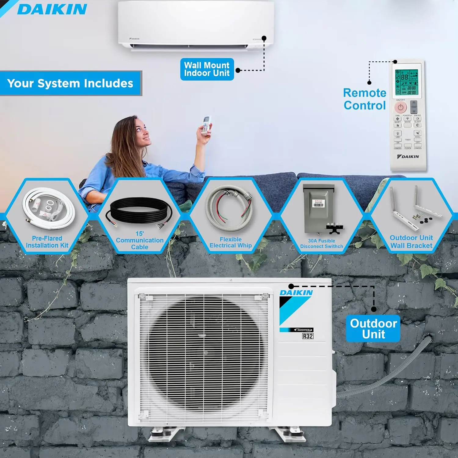 24,000 Btu 18 SEER2 Ductless Mini-Split Wall Mount Heat Pump Air Conditioner - R32 w/ 15' Installation Kit, 1/2 Whip,, Custom