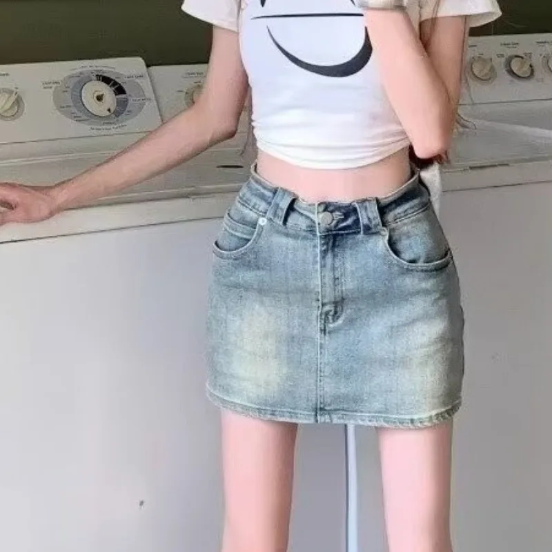 Vintage Light Wash High Waist Denim Mini Skirt Women Classic Pocket Straight Jean Micro Skirt ﻿ - view 3