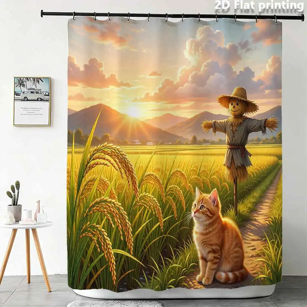 Waterproof Boho Shower Curtain Golden Field Sunset Landscape Wall Art Cat Family Farm Countryside Decoration for Bathroom Home D