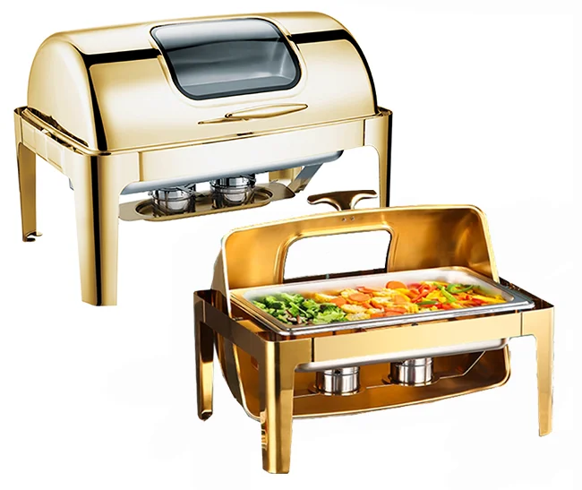 for  Rectangular 9 L Heating Plate Use  food Warmer Roll Top Golden Chafing Dish with Glass Window