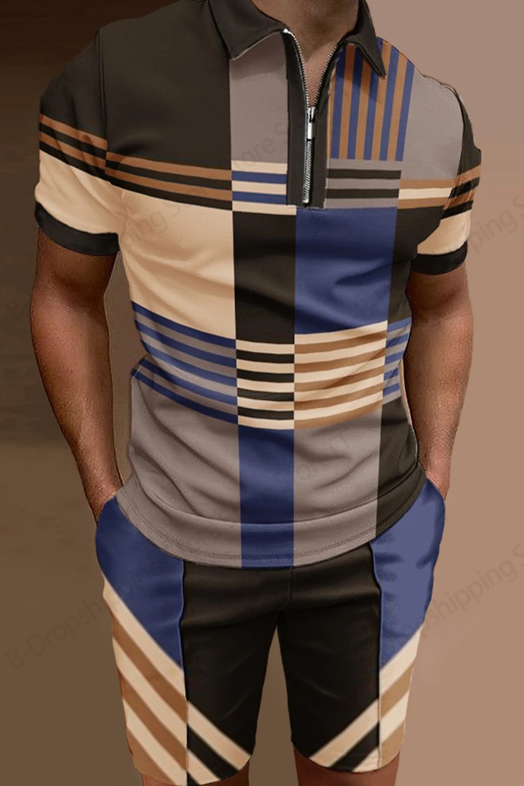 

Men's Zipper Polo shirt, Business Office checkered, 3D printed, Casual Zipper Polo Shirt + Shorts 2-piece Sportswear Set Choice