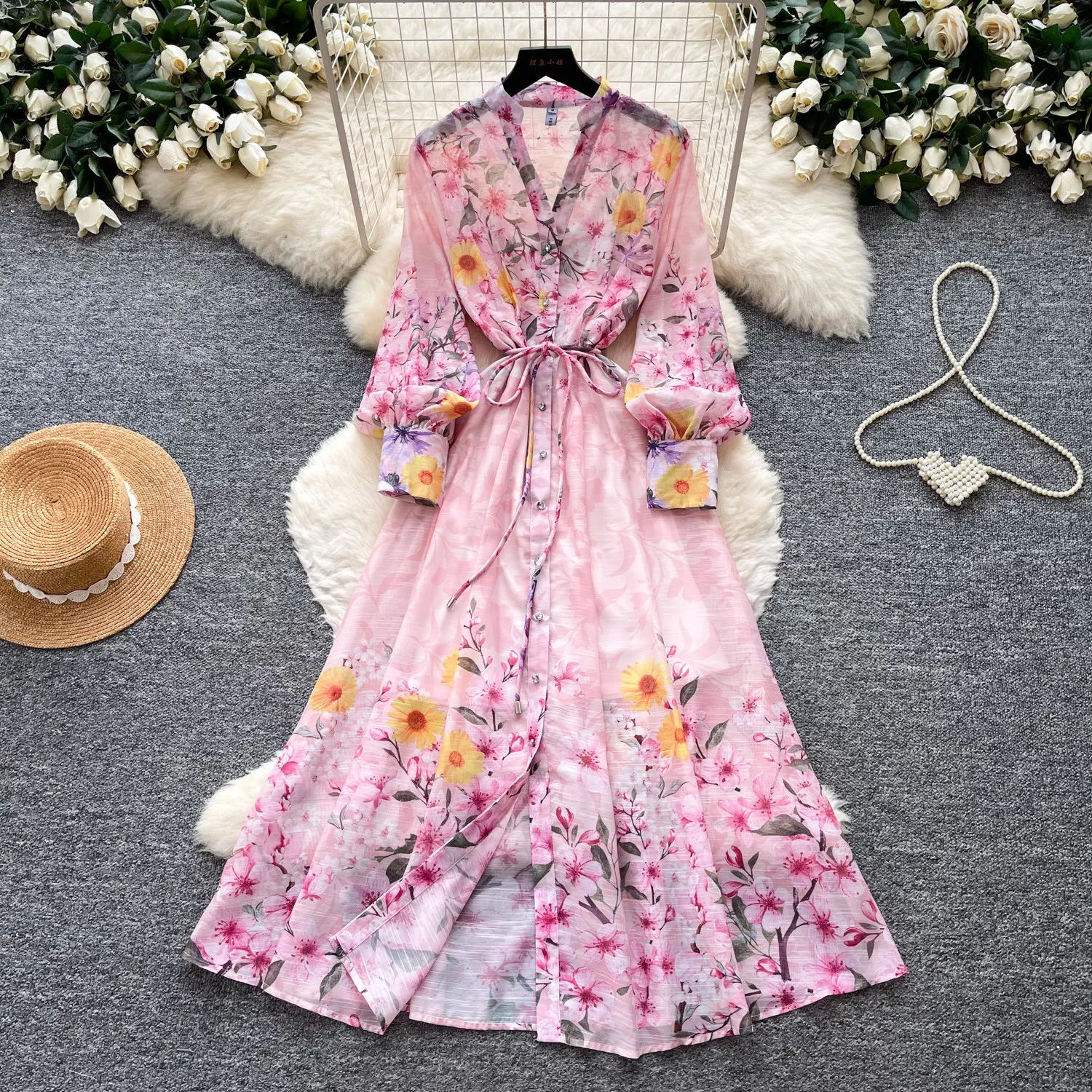 ALPHALMODA French Romantic Style, Printed Dress, Women Long-sleeved, V-neck, Tie Waist, Holiday Style, Long Dress