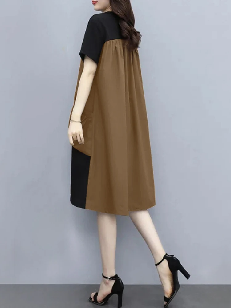 ZANZEA 2025 Summer Women Fashion Holiday Short Sleeve Mini Sundress Casual Korean Colorblock Patchwork Dress Big Pocket Robe