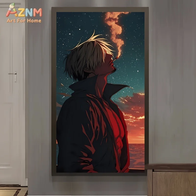 AZNM One Piece Sanji Starry Sunset Sea Smoking Silhouette Anime Canvas Wall Art Manga Character Portrait Print Unframed Canvas P
