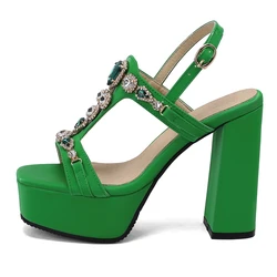 Platform Sandals Women Summer Shoes Luxury Crystal High Heels Green Black Flip Flops Dance Party Shoes Female Large Size 44 50