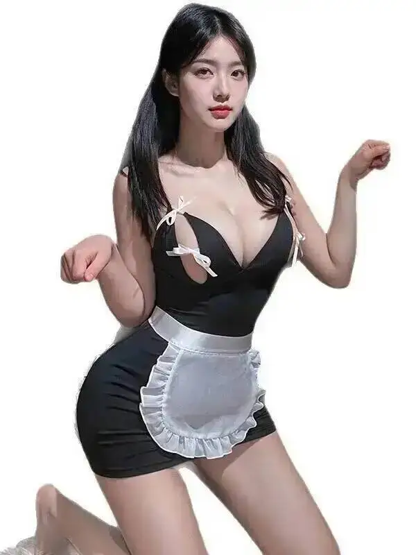 Exótico SM Cosplay mucama arco Sexy nalgas expuestas apretadas caliente uniforme de sirvienta vestido elegante tanque Mini vestido cuello en V Tops POJ8