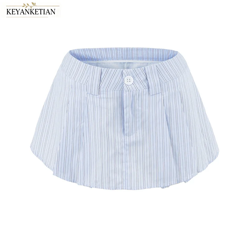 KEYANKETIAN 2026 Summer Striped Pleated Mini Skirt Button Fly Low-waist A‑Line Built‑In Shorts Women Y2K Short Skort