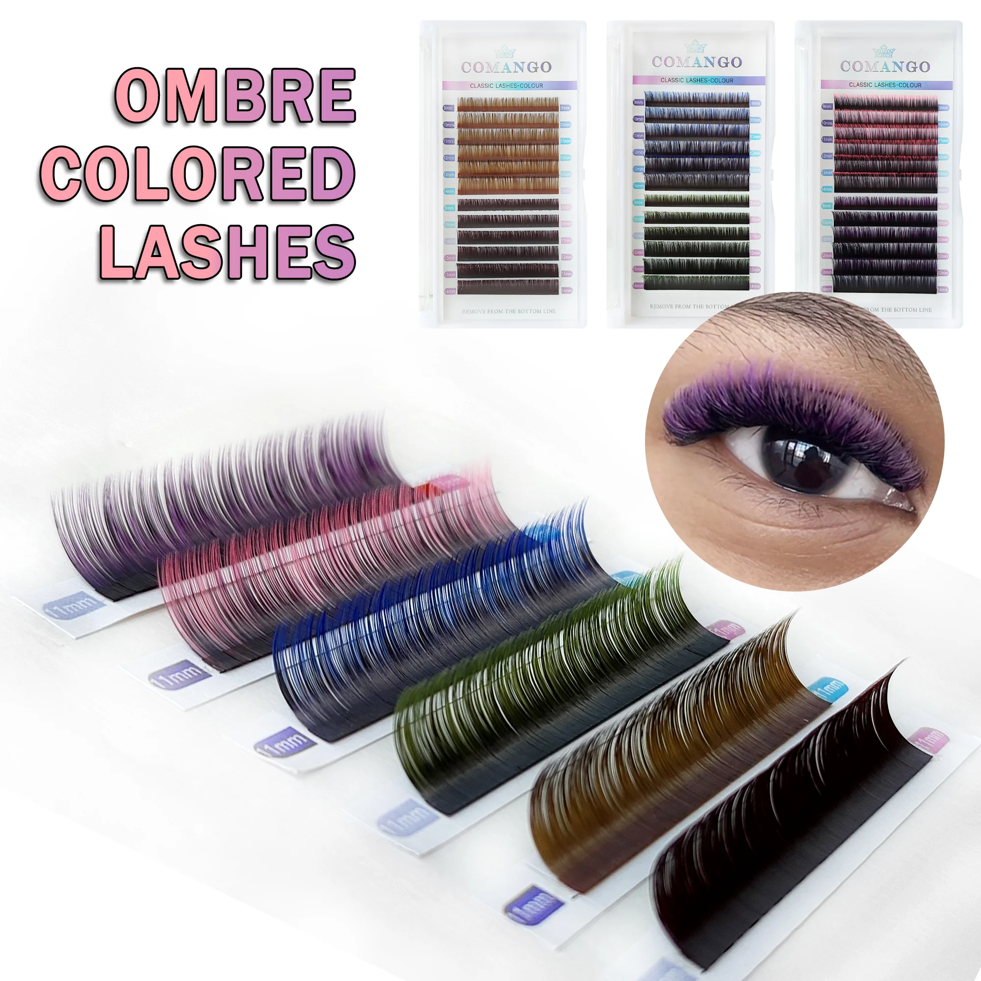 CoMango Stable Curl Fluffy Ombre Color Dark Brown Eyelash Lifting Individual Silk Mink Blue Purple Fake Lashes 8-15 Mix Tray