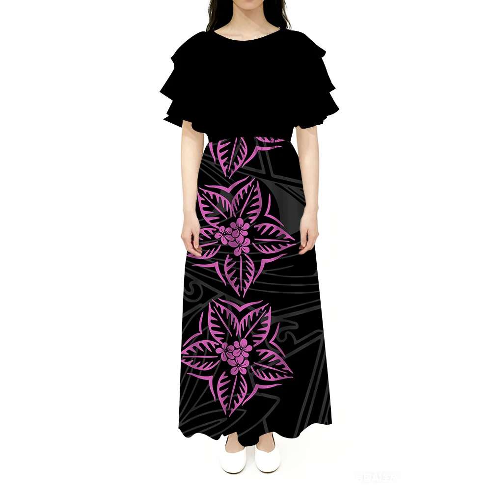 

Round-Neck Lotus Leaf Sleeve Long Slim Design Elegant And Stylish Women'S Dress Polynesian Custom Evening Dress
