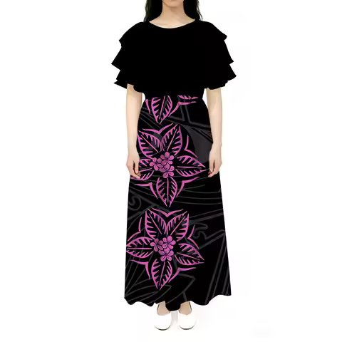 Round-Neck Lotus Leaf Sleeve Long Slim Design Elegant And Stylish Women'S Dress Polynesian Custom Evening Dress