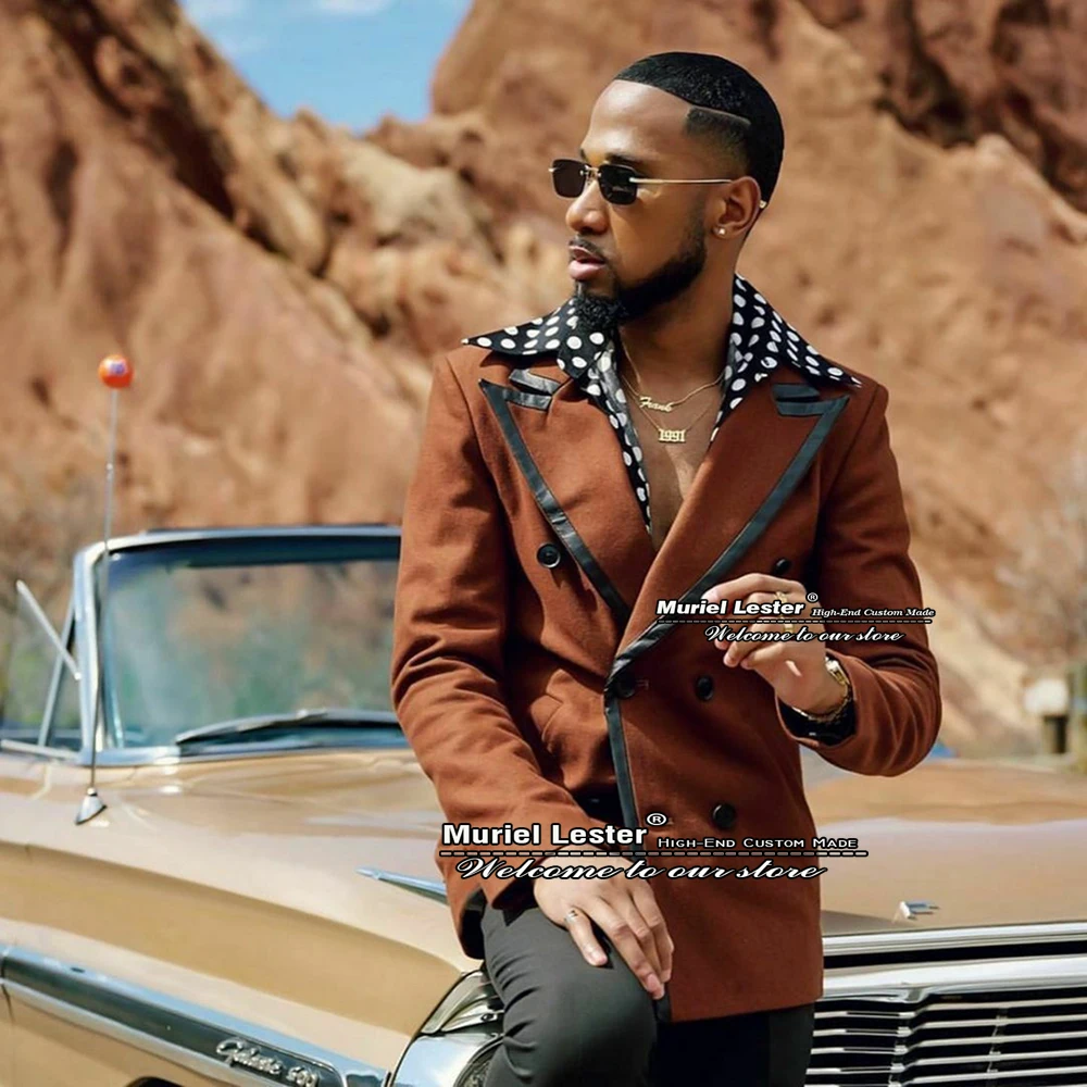 

Spring/Summer Brown Traveling Mens Suits Black Lapel Double Breasted Blazer Custom Made 2 Pieces Smart Casual Wedding Tuxedo