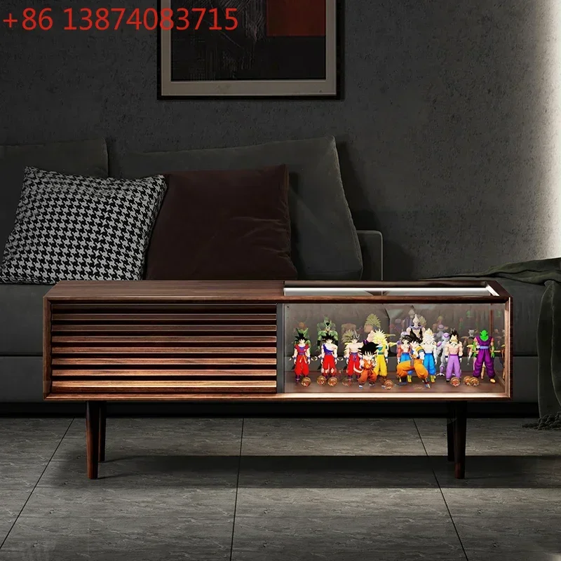 1Nordic Solid Wood Glass Display Coffee Table Black Walnut Ribbon Light Multifunctional Locker Lego Ins Style