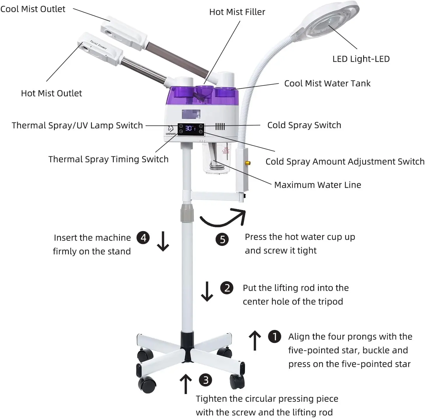 Vaporizador Facial profesional 3 en 1 con ruedas, lámpara de aumento 5X, función de niebla caliente/fría