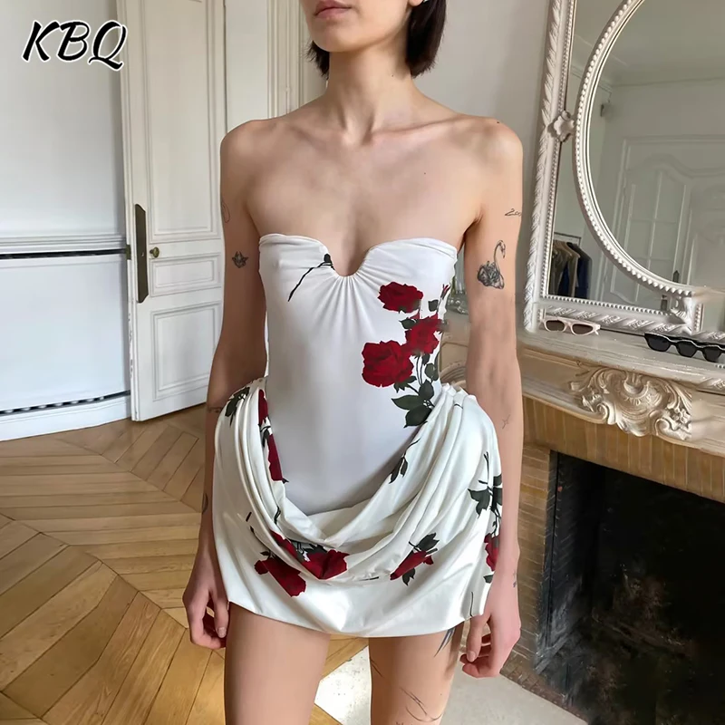 

KBQ Floral Prinitng Sexy Dresses For Women Strapless Sleeveless Backless High Waist Hit Color Folds Mini Dress Female Fashion