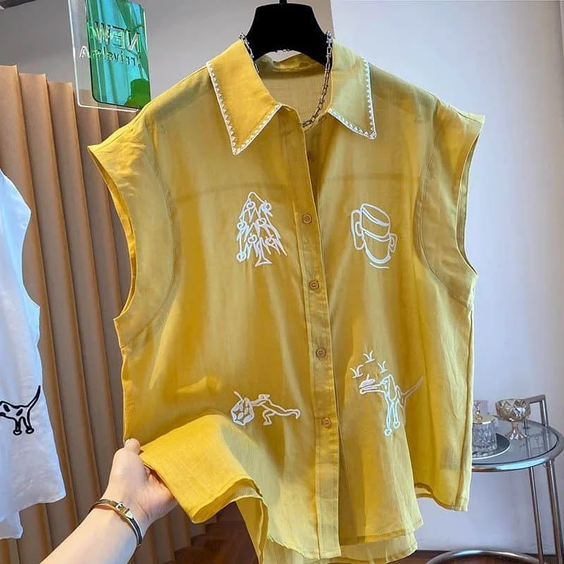 Aesthetic Vests Polo-neck Casual Korean Style Crop Tops Embroidered Color Blocking Design Shirts 2026 Summer Wear Women Clothing