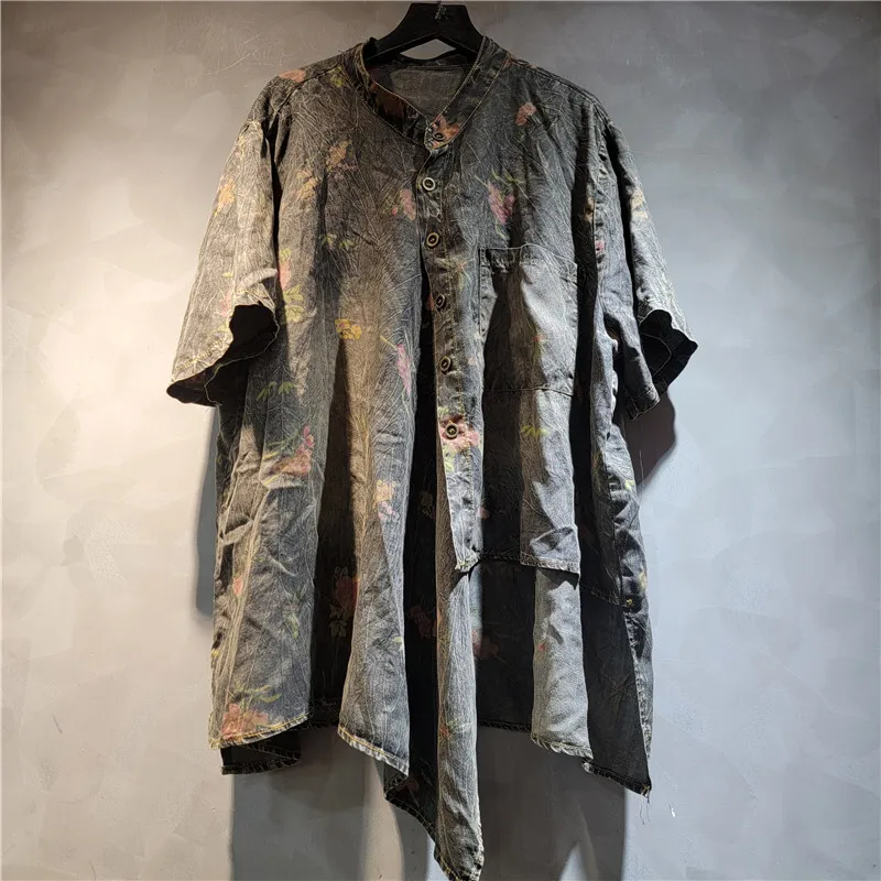 WTHT Vintage Fashion Women Suits Print Design Spliced Denim Short Sleeves Tops Loose Harem Jeans Set Female 2025 Summer 1LS1756