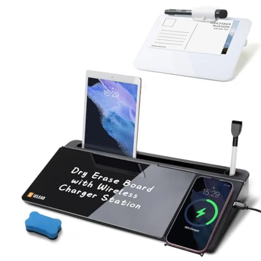 

Desktop Glass Whiteboard with Wireless Charger + Small Desk Dry Erase Board for Home Office School