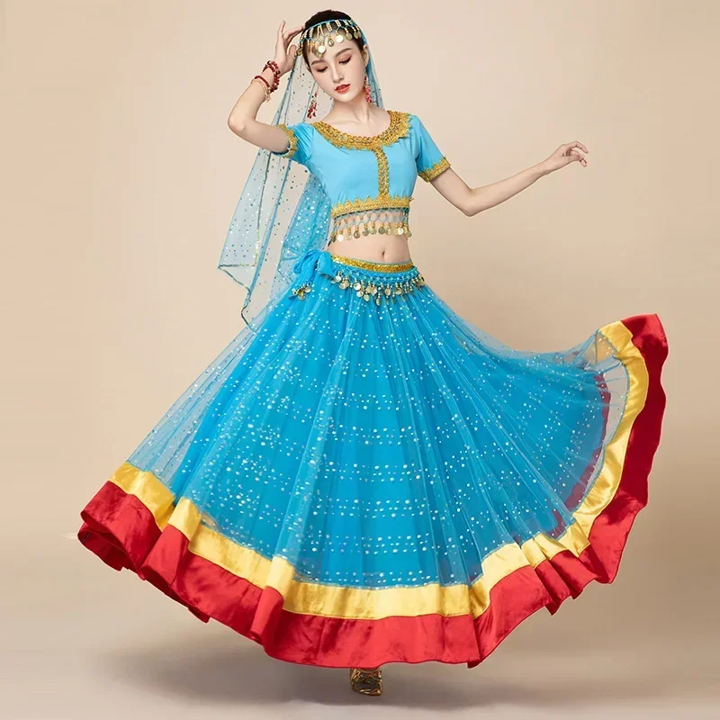 Adult Female Indian Dance Bollywood Belly Dance Costume Contrast Color Large Swing Skirt Group Dance Performance Costume 2025